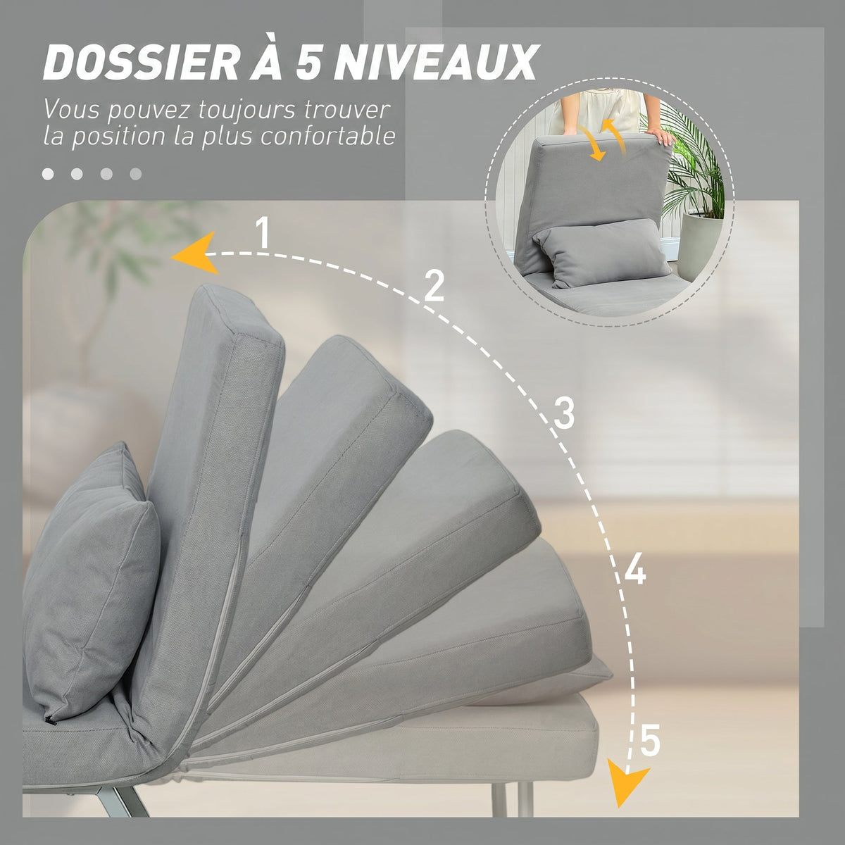 Fauteuil Convertible 1 Place, Fauteuil-Lit Pliable Rembourré en Lin avec Dossier Réglable, Oreiller, Gris Clair-4