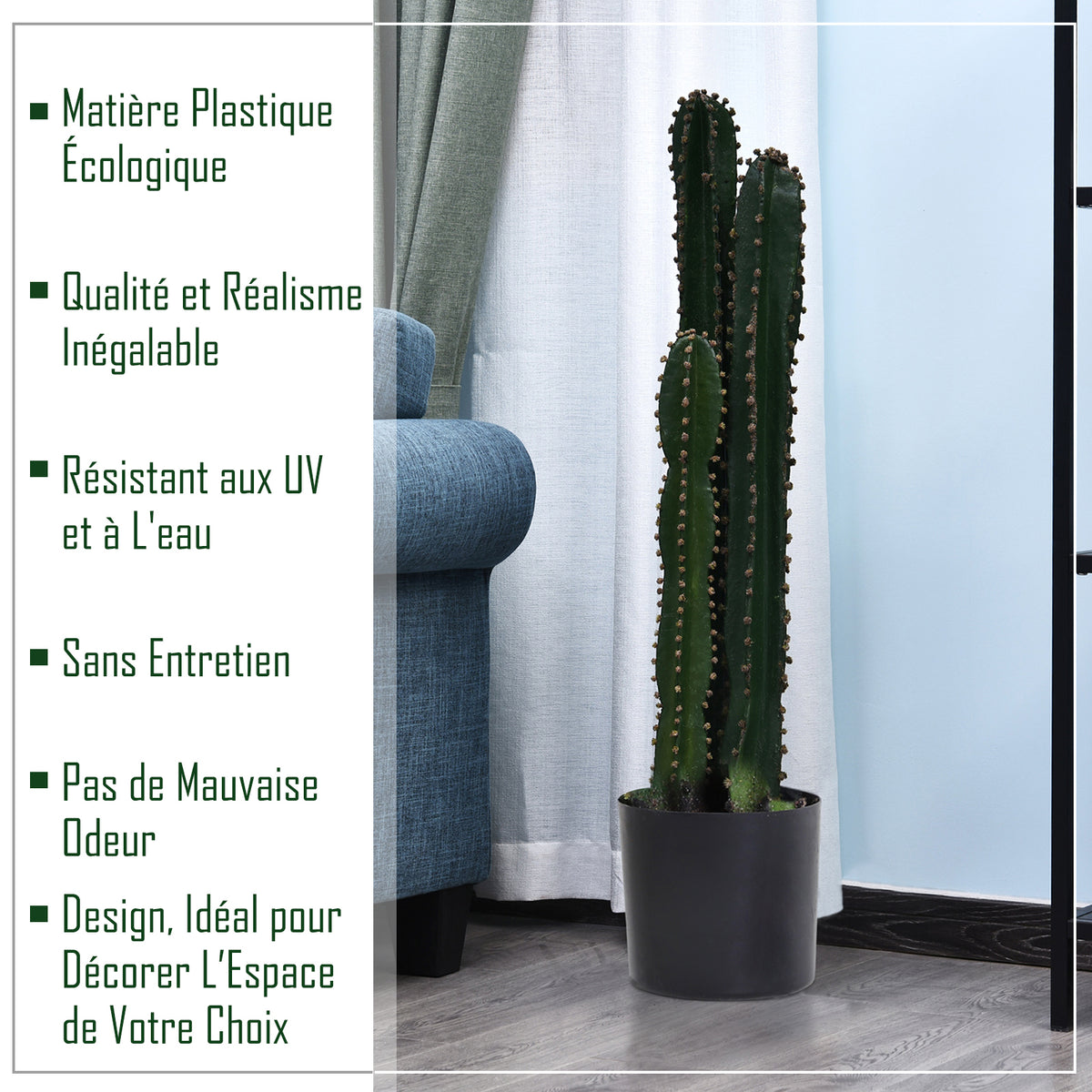 Cactus artificiel grand format 98 cm, coloris vert foncé, épines décoratives, intérieur-2