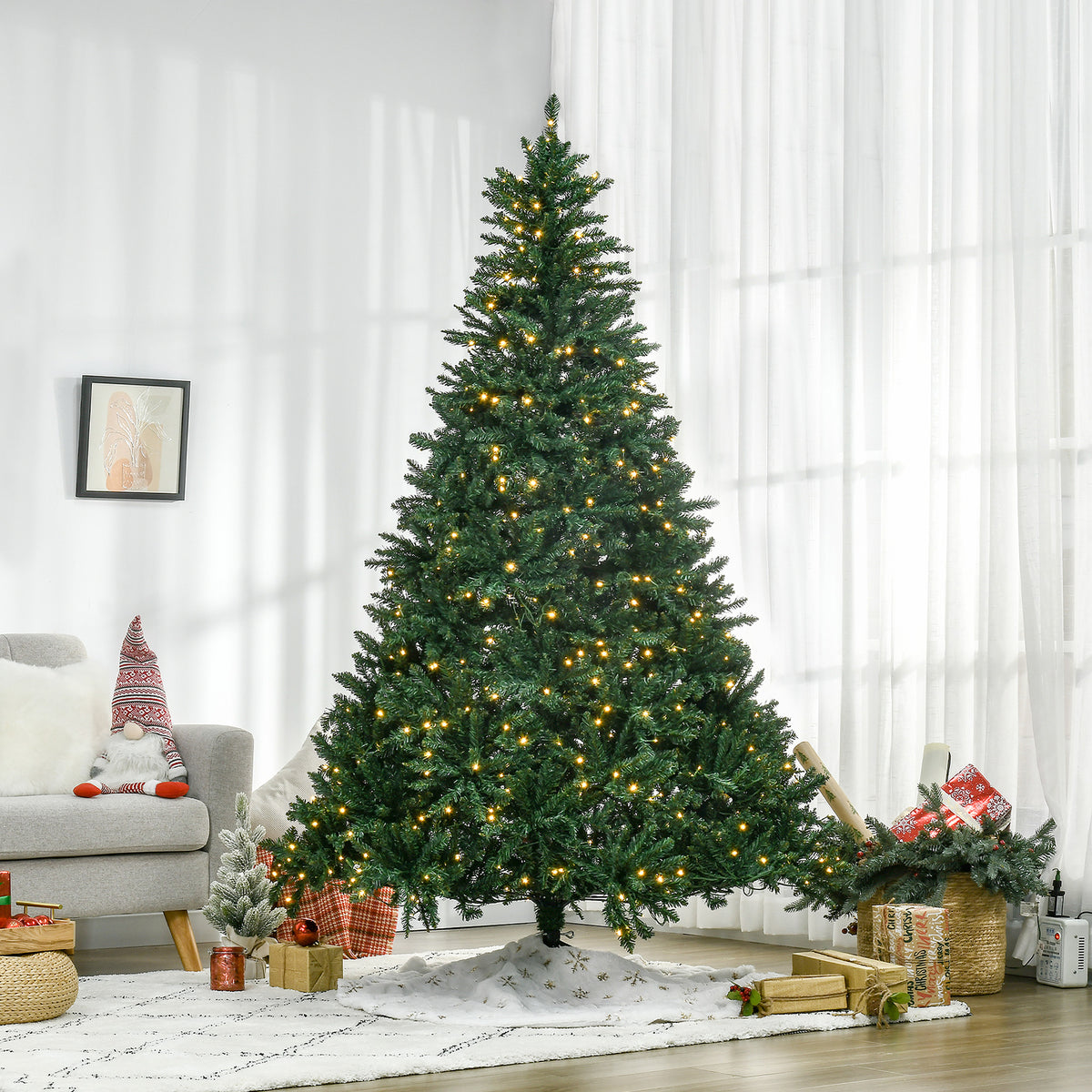 Sapin de Noël Artificiel Lumineux 210H cm LED x 700 Blanc Chaud + Support Pied 2154 Branches Vert-1