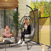 Fauteuil suspendu pliable en résine tressée avec support, coussin et oreiller hauteur réglable, gris-1