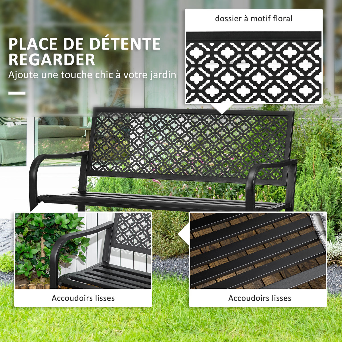 Banc de jardin banc extérieur jardin en acier avec dossier à motif floral pour 2 personnes 127 x 63 x 83 cm noir-3