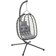 Fauteuil suspendu pliable en résine tressée avec support, coussin et oreiller hauteur réglable, gris-0
