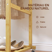 Portant à vêtements à roulettes, porte-manteau double barre en bambou avec étagère inférieure, 80x40x160cm, bois naturel-5