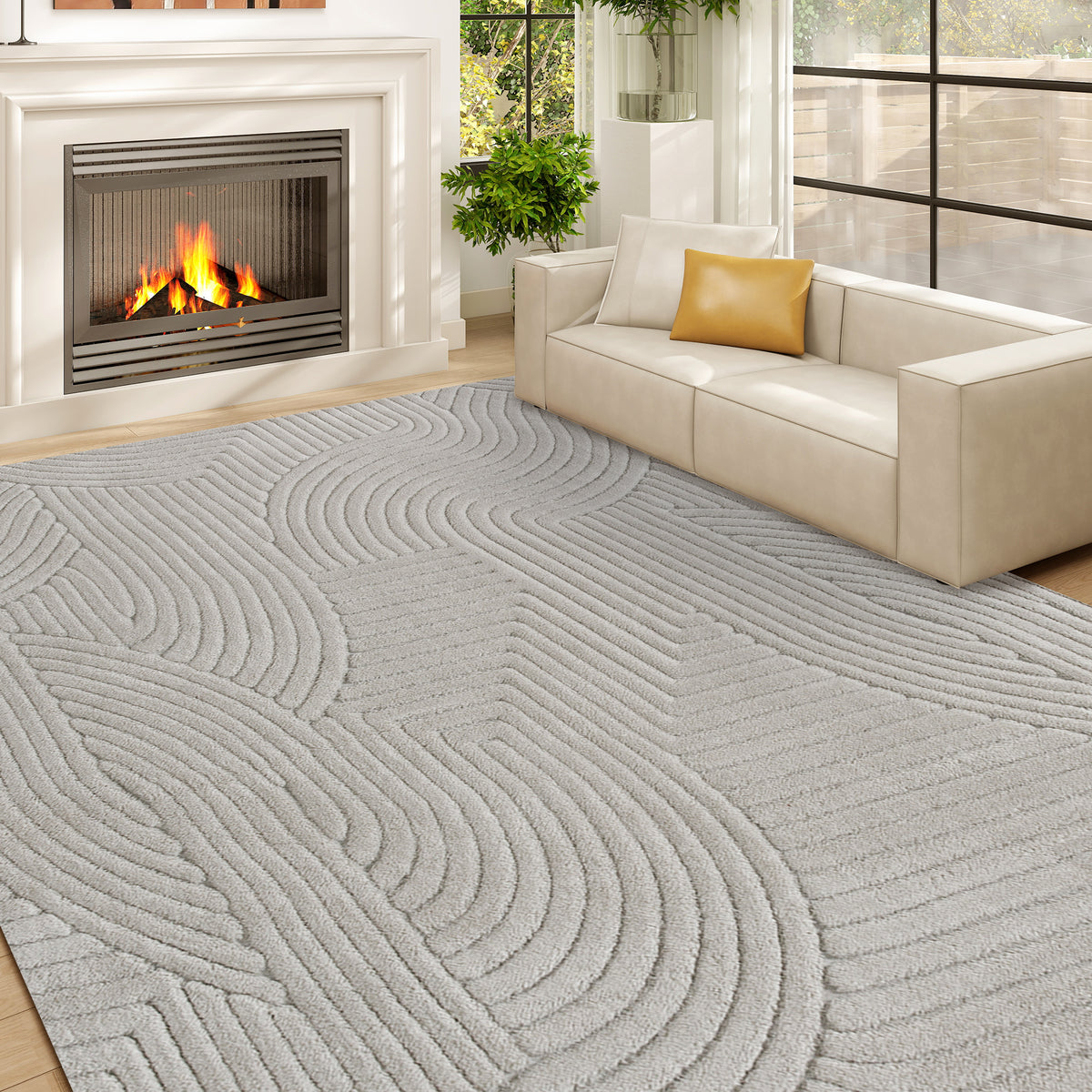 Tapis salon 160 x 120 cm, tapis à poils épais géométrique, moelleux et antidérapant, gris-1