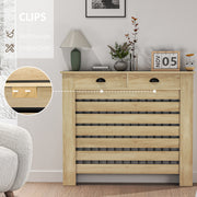 Couvercle de radiateur cache radiateur grille à lattes horizontales avec 2 tiroirs en bois 111l x 19P x 95,5H cm chêne-4