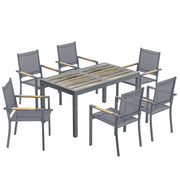 Salon de Jardin Ensemble Mobilier de Jardin 7 Pièces Table Effet Bois 6 Chaises Empilables en Textilène 140x80x72cm Gris-0