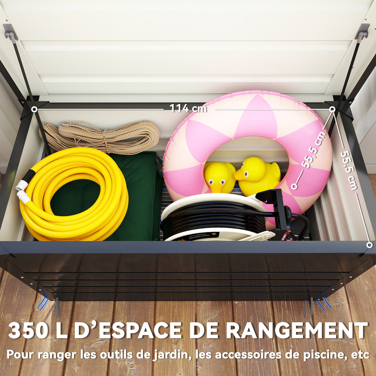 Coffre de rangement métal boîte de jardin 350L double vérins à gaz  verrouillable pour coussins outils gris anthracite-3