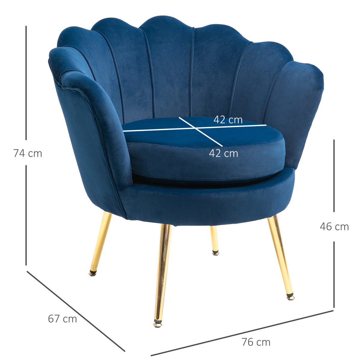 Fauteuil salon fauteuil en velours fauteuil coquillage avec pieds en métal doré pour chambre à coucher, bleu-2