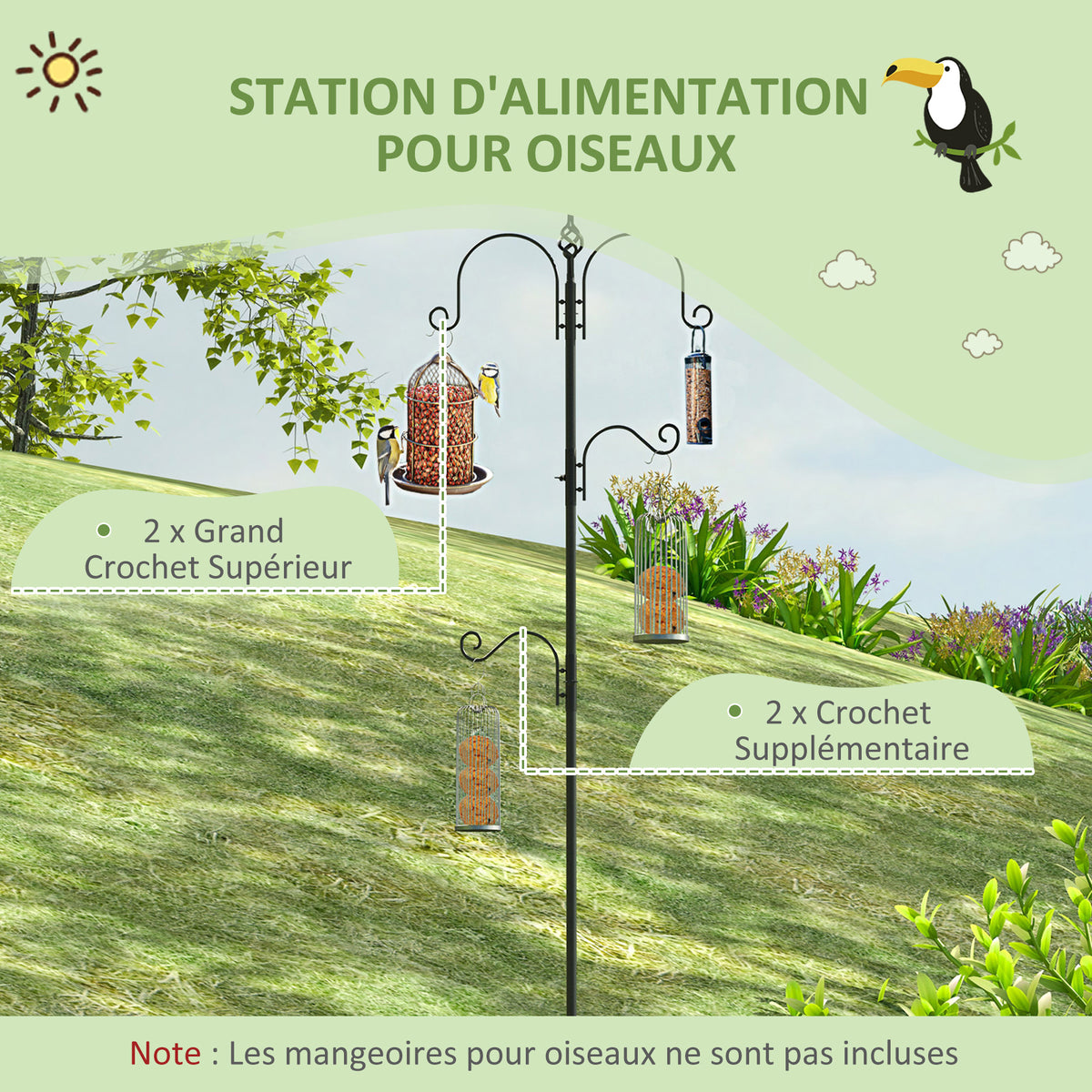 Mangeoire à oiseaux station d'alimentation décorative pour oiseaux station d'alimentation pour oiseaux sauvages avec 4 crochets 54,5 x 54,5 x 208 cm noir-3