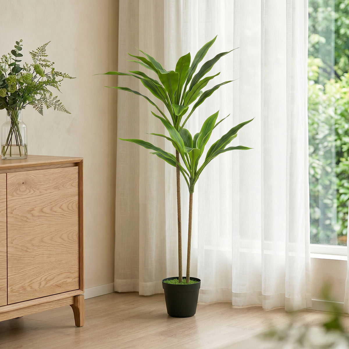 Cordyline artificielle 90 cm, 29 feuilles, pot ciment-4
