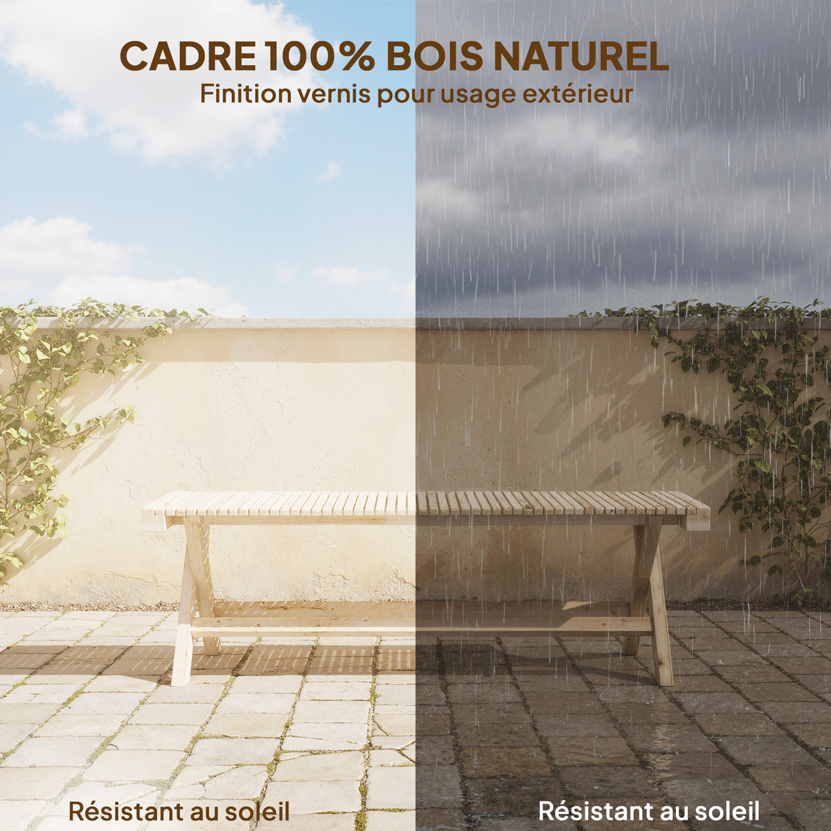 Banc de Jardin en Bois massif, Banquette de Jardin avec Assise à Lattes Effet Bois, 140 x 40 x 43 cm, Bois Naturel-3