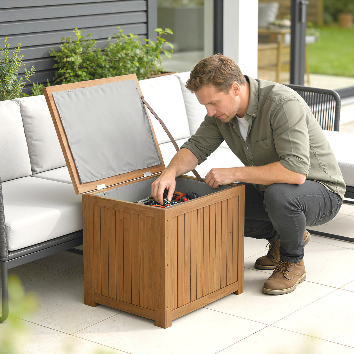 Coffre de Rangement Boîte de Jardin 130L Doublure Amovible pour Coussins et Outils Bois Massif Brun-1