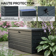 Coffre de rangement exterieur XXL 311L coffre de jardin acier galvanisé verrouillable vérin à gaz 120x62x62cm gris foncé-5