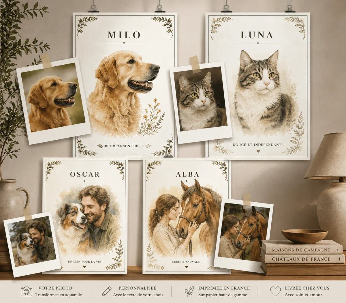 Affiche personnalisée en aquarelle Atelier Herbier avec photo de chien