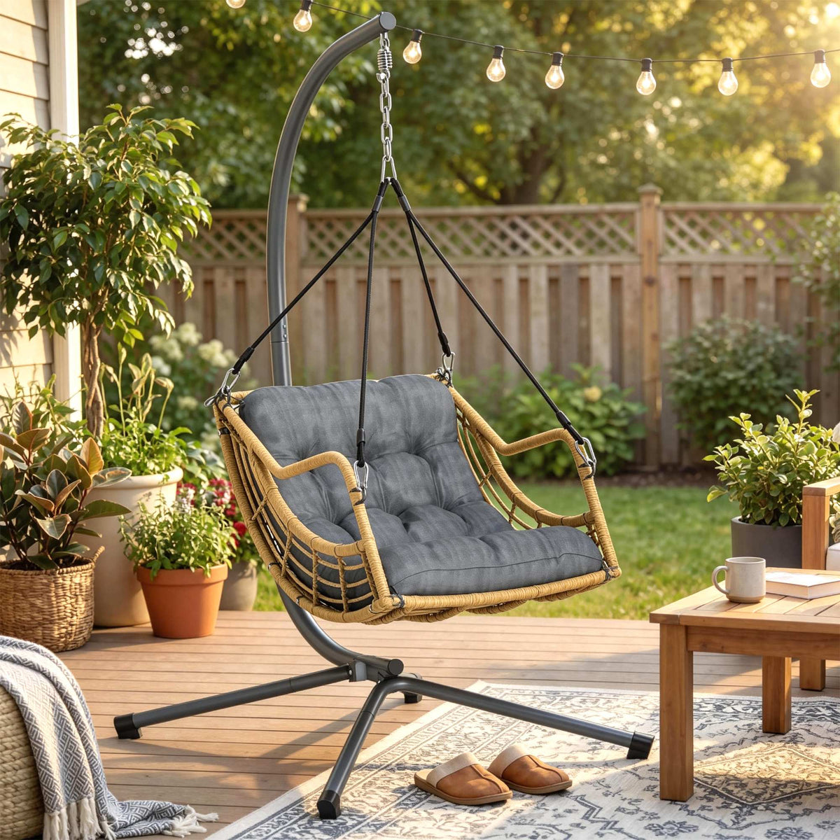Fauteuil suspendu en résine tressée avec support, chaise suspendue, coussin, attache de sécurité, hauteur réglable, gris-1