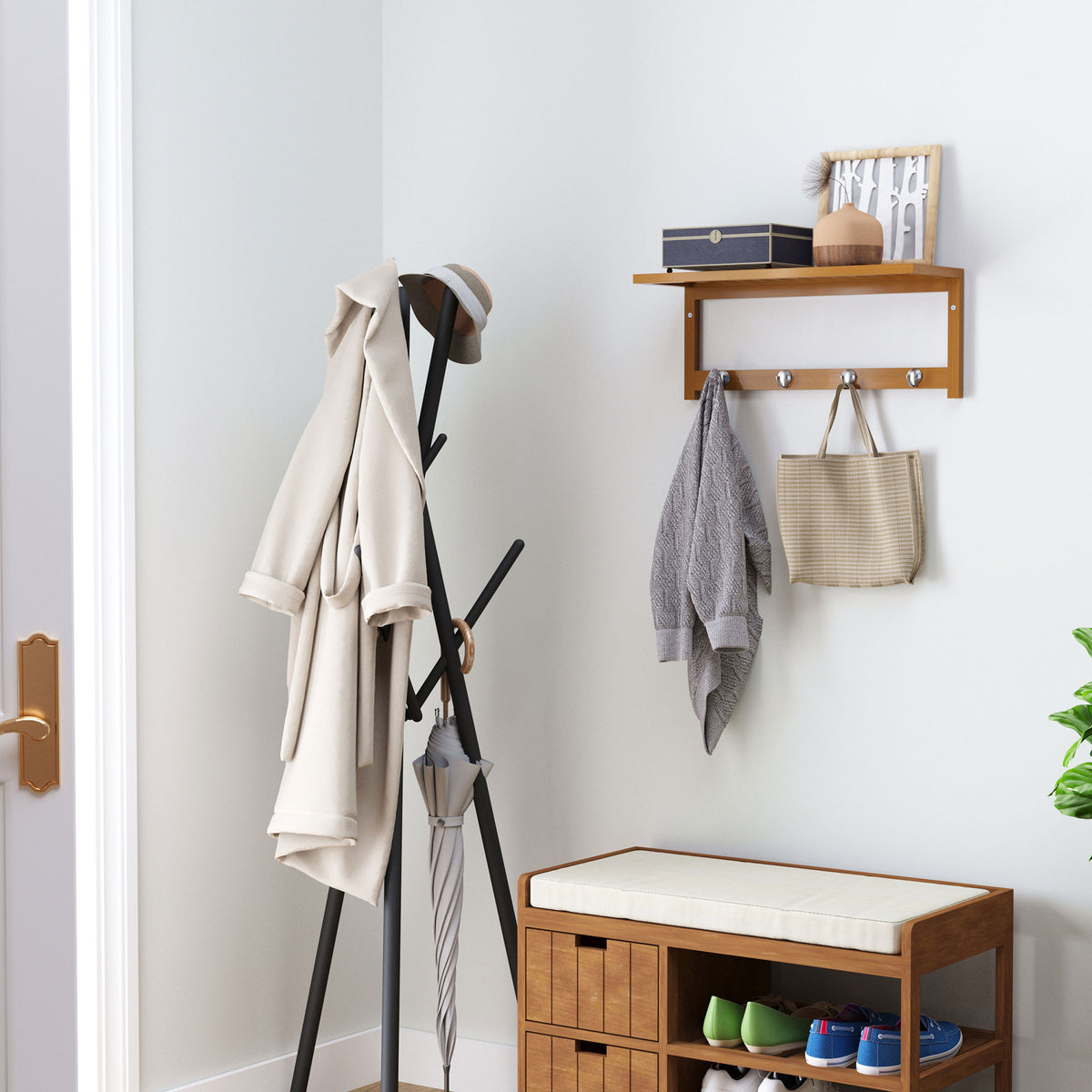 Porte-manteau mural penderie murale étagère 50L x 16l x 17,5H cm 4 patères kit fixation fourni bambou naturel-1
