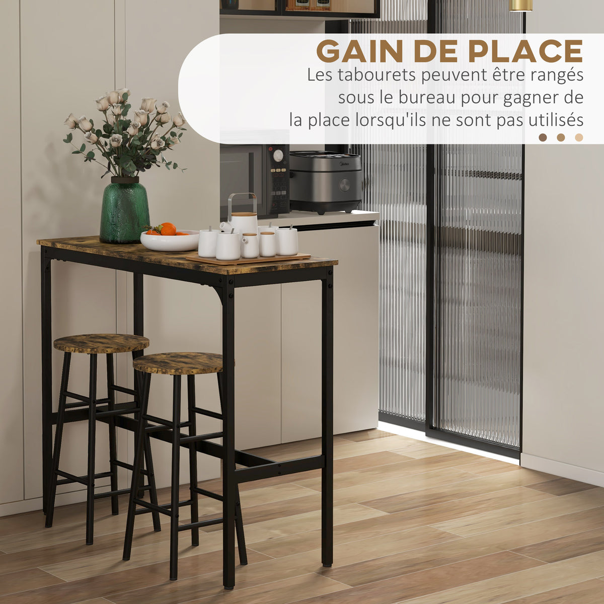 Ensemble table haute de bar + 2 tabourets structure en acier plateau aspect effet bois d'acajou 2 personnes noir-4