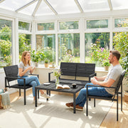 Salon de Jardin Extérieur 4 Pièces, Canapé 2 Places, 2 Chaises, Table Basse, Mobilier de Jardin en HDPE Effet Bois Noir-7