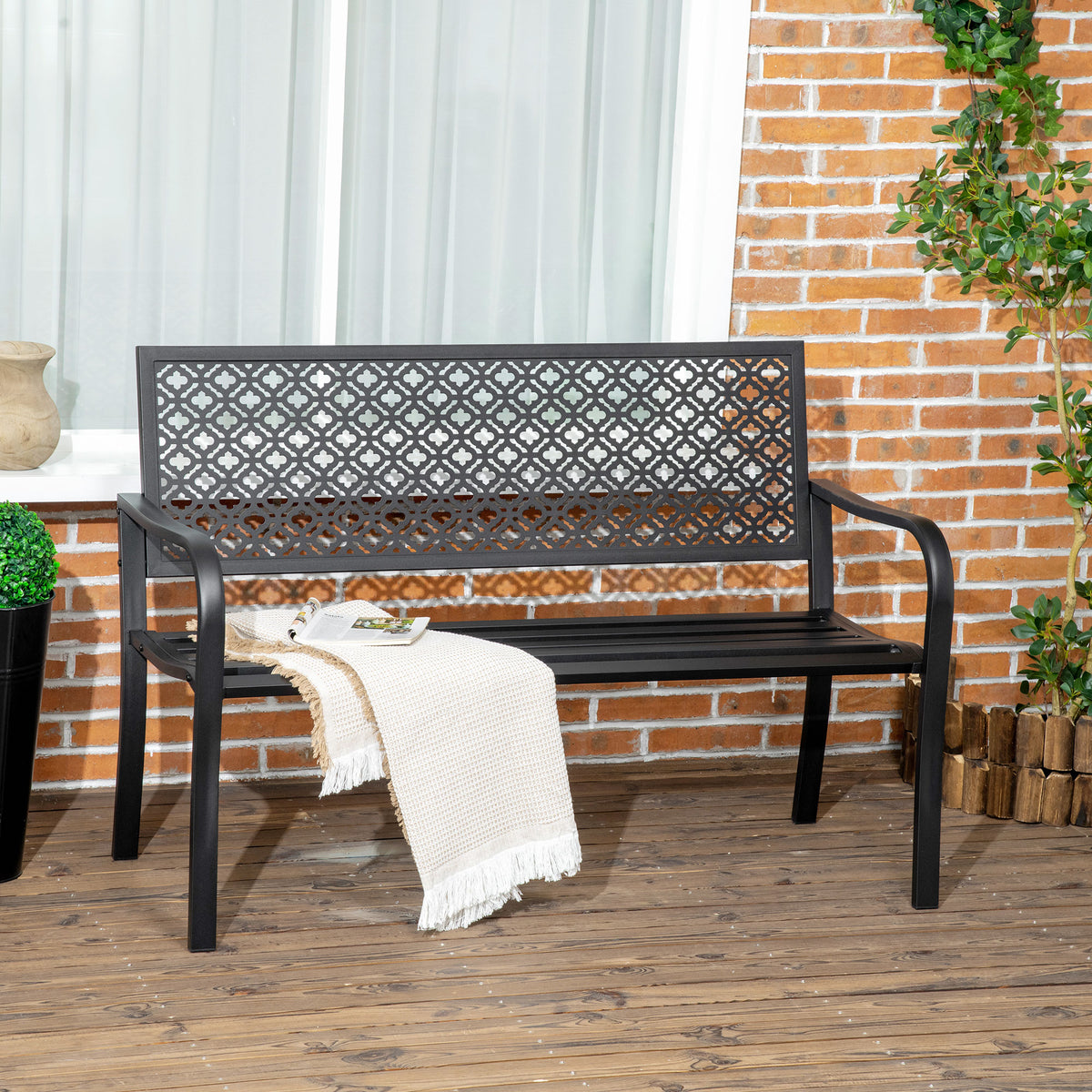 Banc de jardin banc extérieur jardin en acier avec dossier à motif floral pour 2 personnes 127 x 63 x 83 cm noir-1