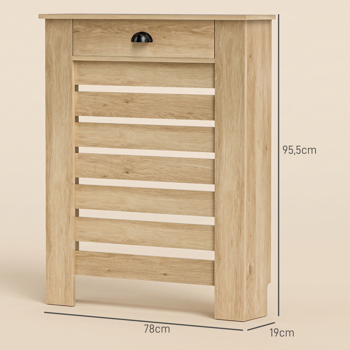 Couvercle de radiateur cache radiateur grille à lattes horizontales avec 2 tiroirs en bois 78l x 19P x 95,5H cm chêne-2
