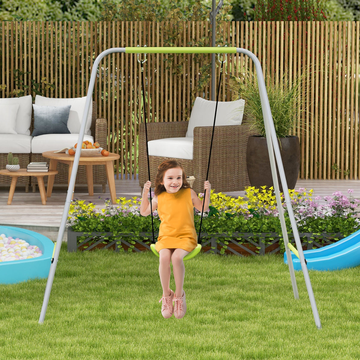 Balançoire portique balançoire 2 en 1 pour bébé ceinture de sécurité à 5 points intérieure extérieure vert-1