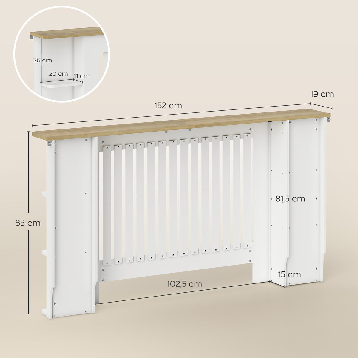Cache-radiateur avec étagères de rangement ouvertes, couvercle de radiateur en bois à lattes, 152x19x83cm, blanc-2