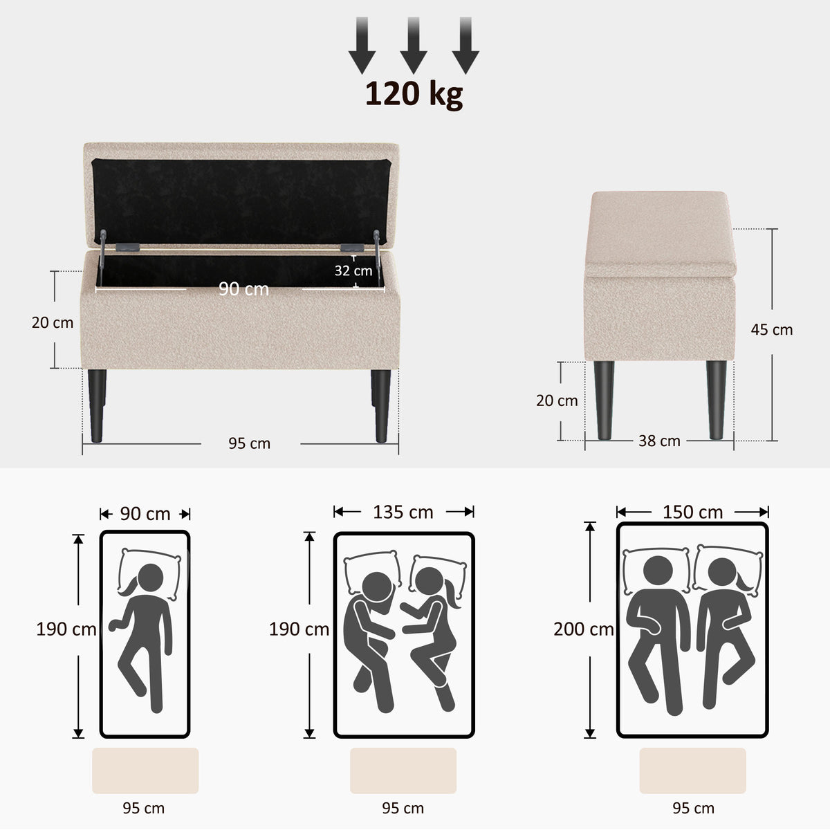 Banc de rangement coffre de rangement pieds en bois de caoutchouc 95 x 38 x 45 cm beige-2