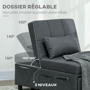 Fauteuil convertible 1 place fauteuil lit avec dossier réglable, siège rembourré et oreiller, gris-4