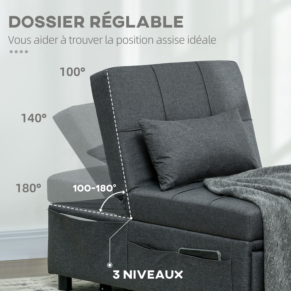 Fauteuil convertible 1 place fauteuil lit avec dossier réglable, siège rembourré et oreiller, gris-4