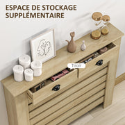 Couvercle de radiateur cache radiateur grille à lattes horizontales avec 2 tiroirs en bois 111l x 19P x 95,5H cm chêne-5