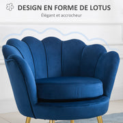 Fauteuil salon fauteuil en velours fauteuil coquillage avec pieds en métal doré pour chambre à coucher, bleu-3