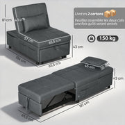 Fauteuil convertible 1 place fauteuil lit avec dossier réglable, siège rembourré et oreiller, gris-2