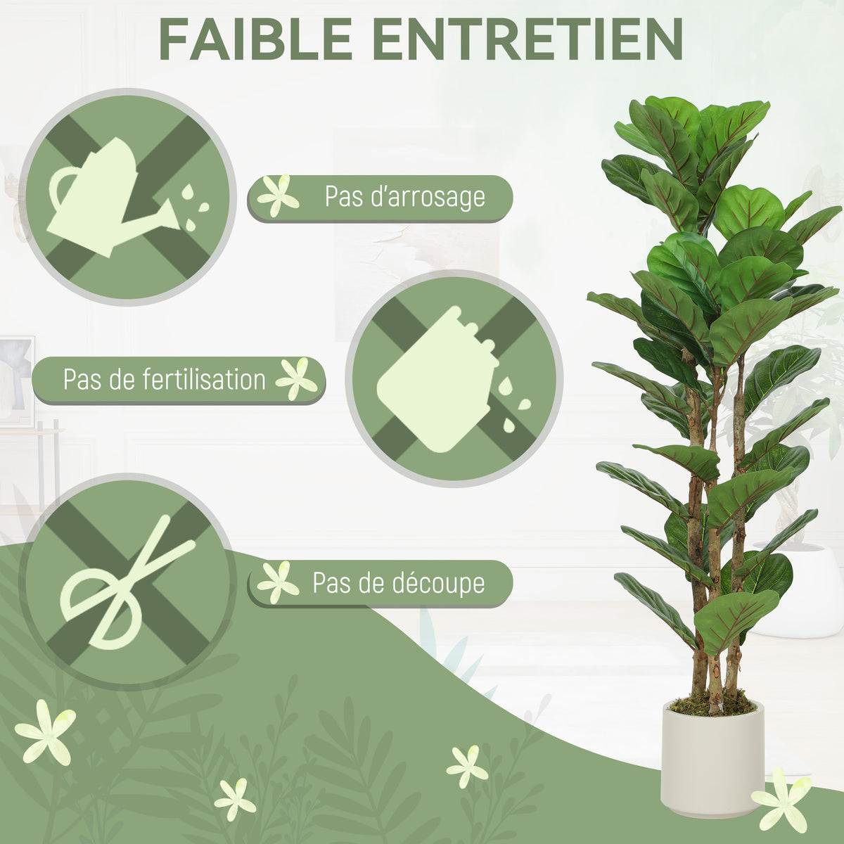 Ficus artificiel figuier lyre 120 cm, tronc en bois massif, pot inclus, intérieur-2