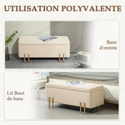 Banc de rangement coffre de rangement design contemporain - espace de rangement velours beige piètement métal doré-5