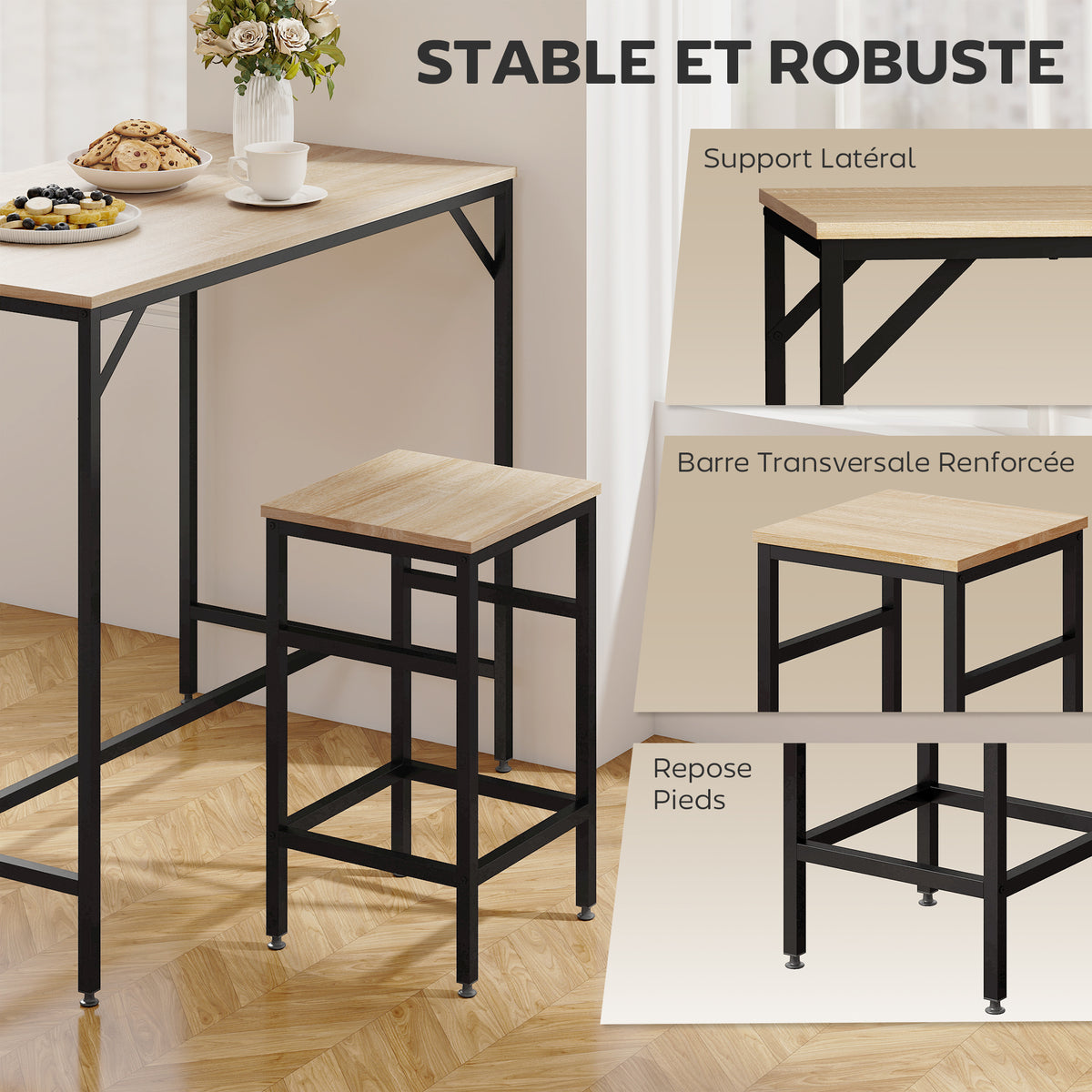 Ensemble Table de Bar Industriel + 4 tabourets Repose-Pieds en Bois couleur Chêne Clair Cadre en métal Noir-4