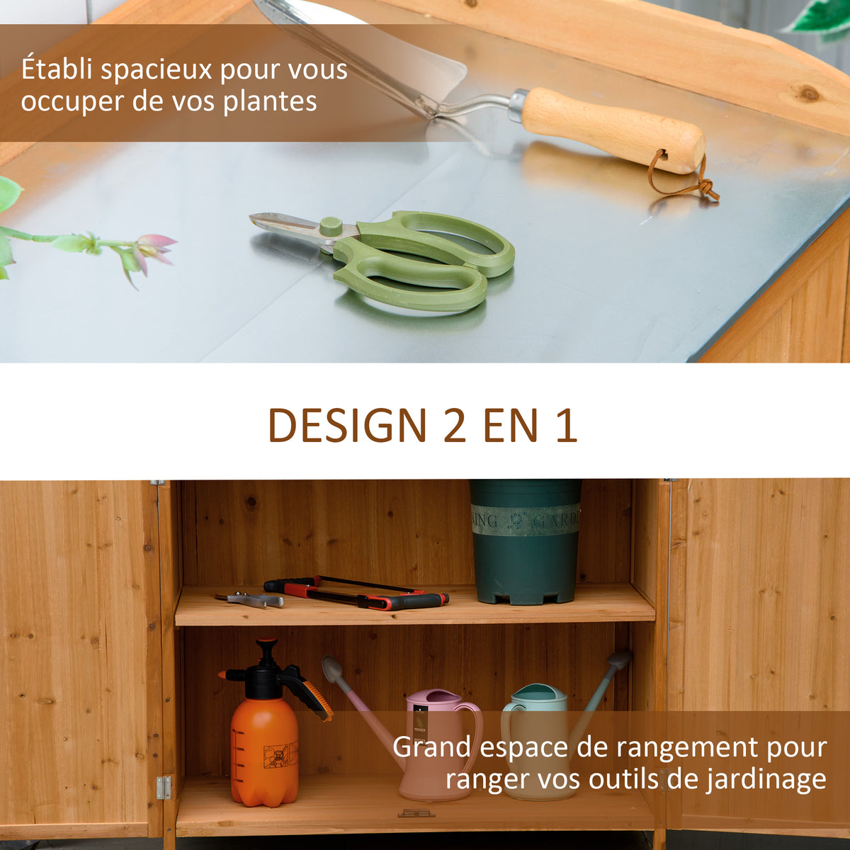 Armoire de jardin sur pied table de rempotage 2 en 1 - table de jardinage double porte, étagère, plateau tôle-3