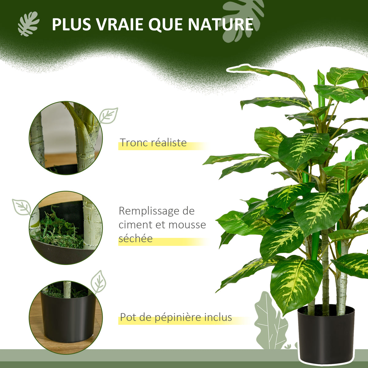 Calathea artificiel 95 cm, pot ciment, intérieur-1