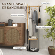Portant pour vêtements en bambou, Porte-manteau en Bois avec tringle, étagères, patère, 4 barres latérales-3