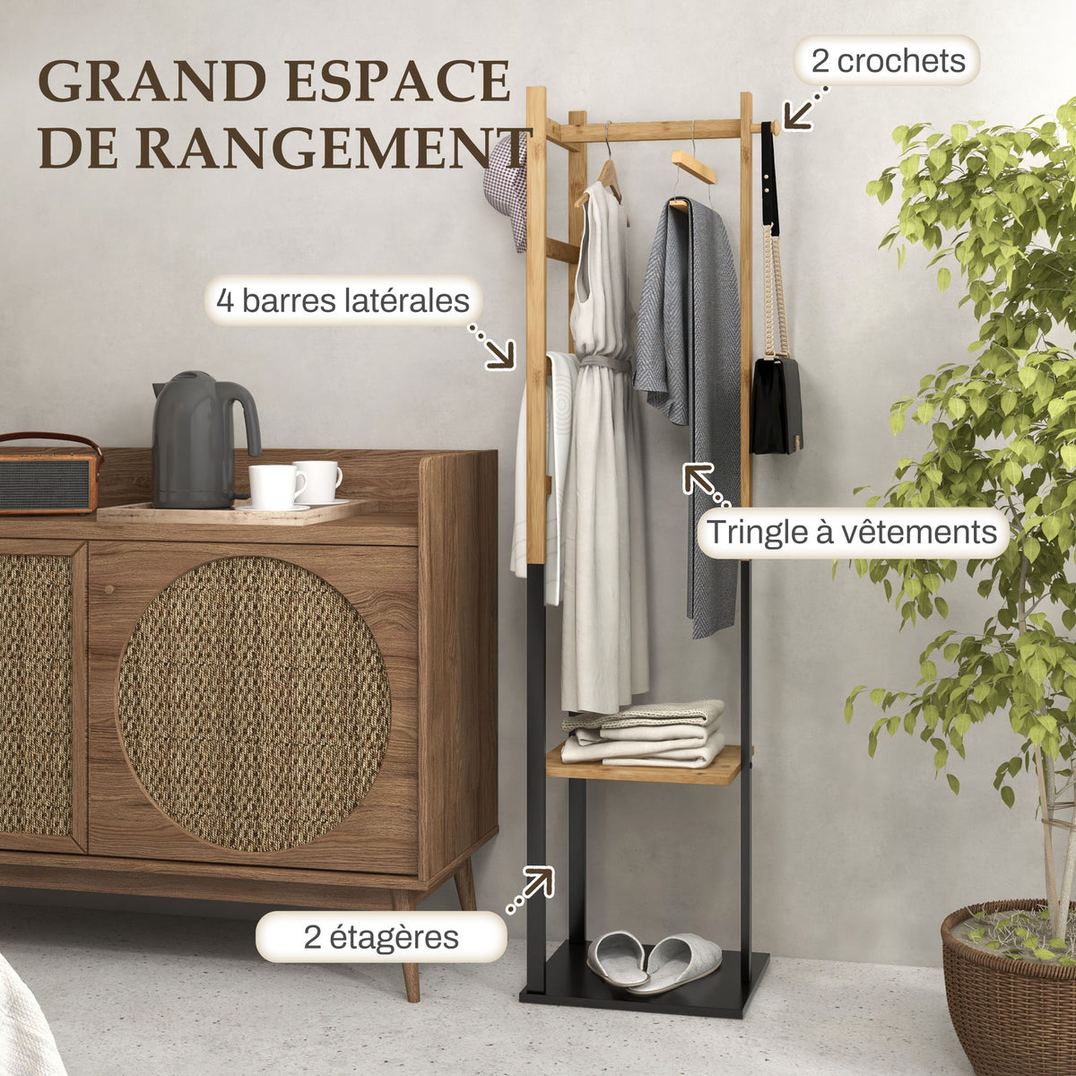 Portant pour vêtements en bambou, Porte-manteau en Bois avec tringle, étagères, patère, 4 barres latérales-3