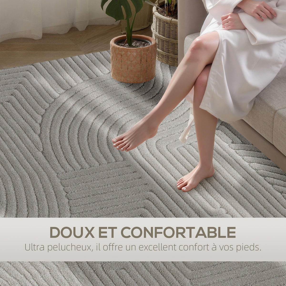Tapis salon 160 x 120 cm, tapis à poils épais géométrique, moelleux et antidérapant, gris-3
