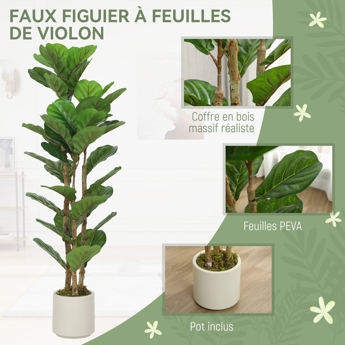Ficus artificiel figuier lyre 120 cm, tronc en bois massif, pot inclus, intérieur-1