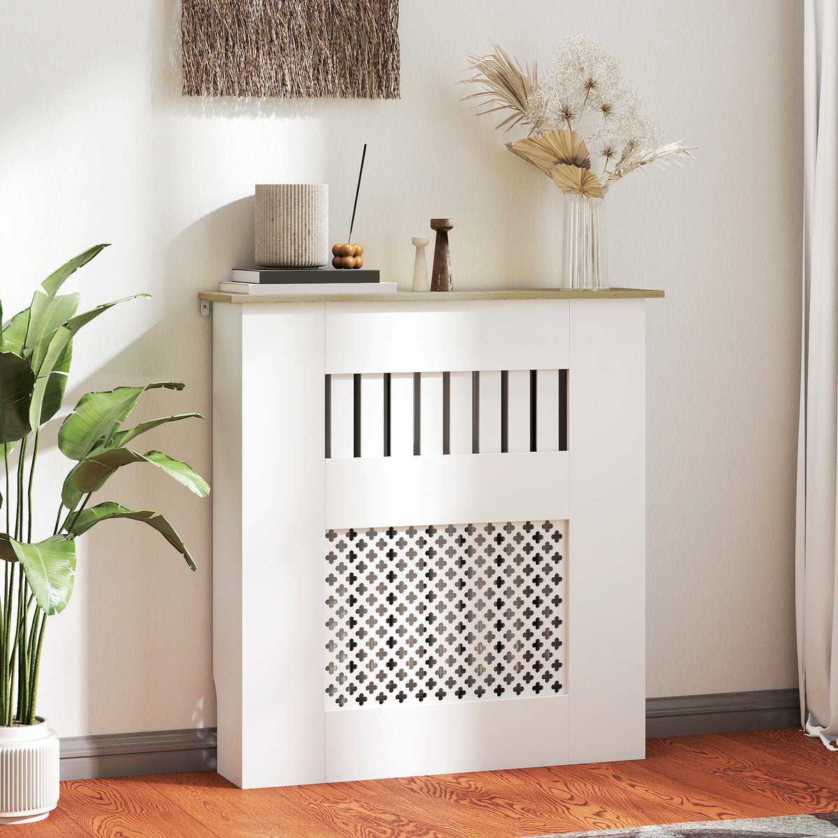 Couvercle de Radiateur en Bois à Lattes avec Détails Croisés et Étagère Supérieure, 78 x 19 x 81 cm, Blanc-1