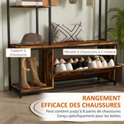 Porte-manteau avec étagère à chaussures 10 crochets, 3 étagères, armoire à chaussures rabattable 2 niveaux, marron-4