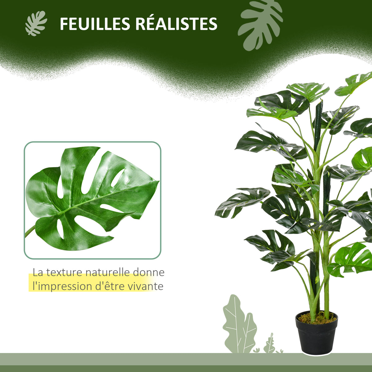 Monstera artificiel Ø16 x 100 cm, 21 feuilles, pot ciment, intérieur et extérieur-1