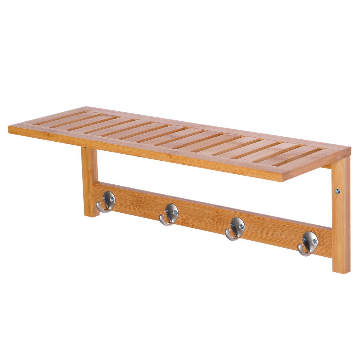 Porte-manteau mural penderie murale étagère 50L x 16l x 17,5H cm 4 patères kit fixation fourni bambou naturel-0