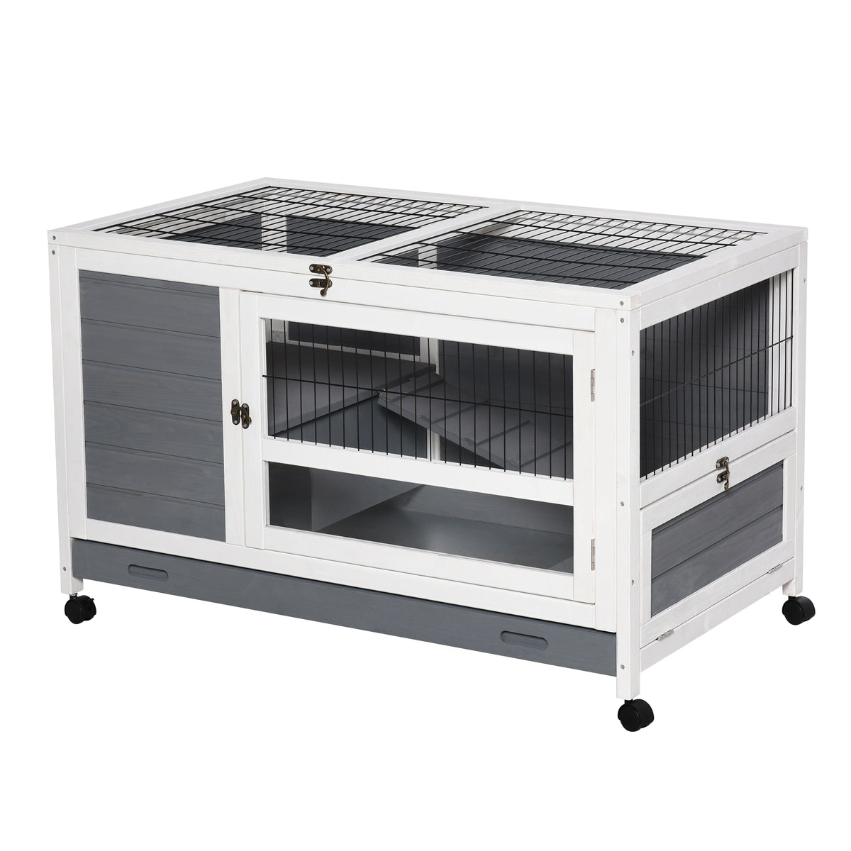 Clapier en bois cage à lapin villa pour lapin avec plateau coulissant, porte verrouillable, dessus ouvrable gris-0
