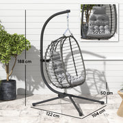 Fauteuil suspendu pliable en résine tressée avec support, coussin et oreiller hauteur réglable, gris-2