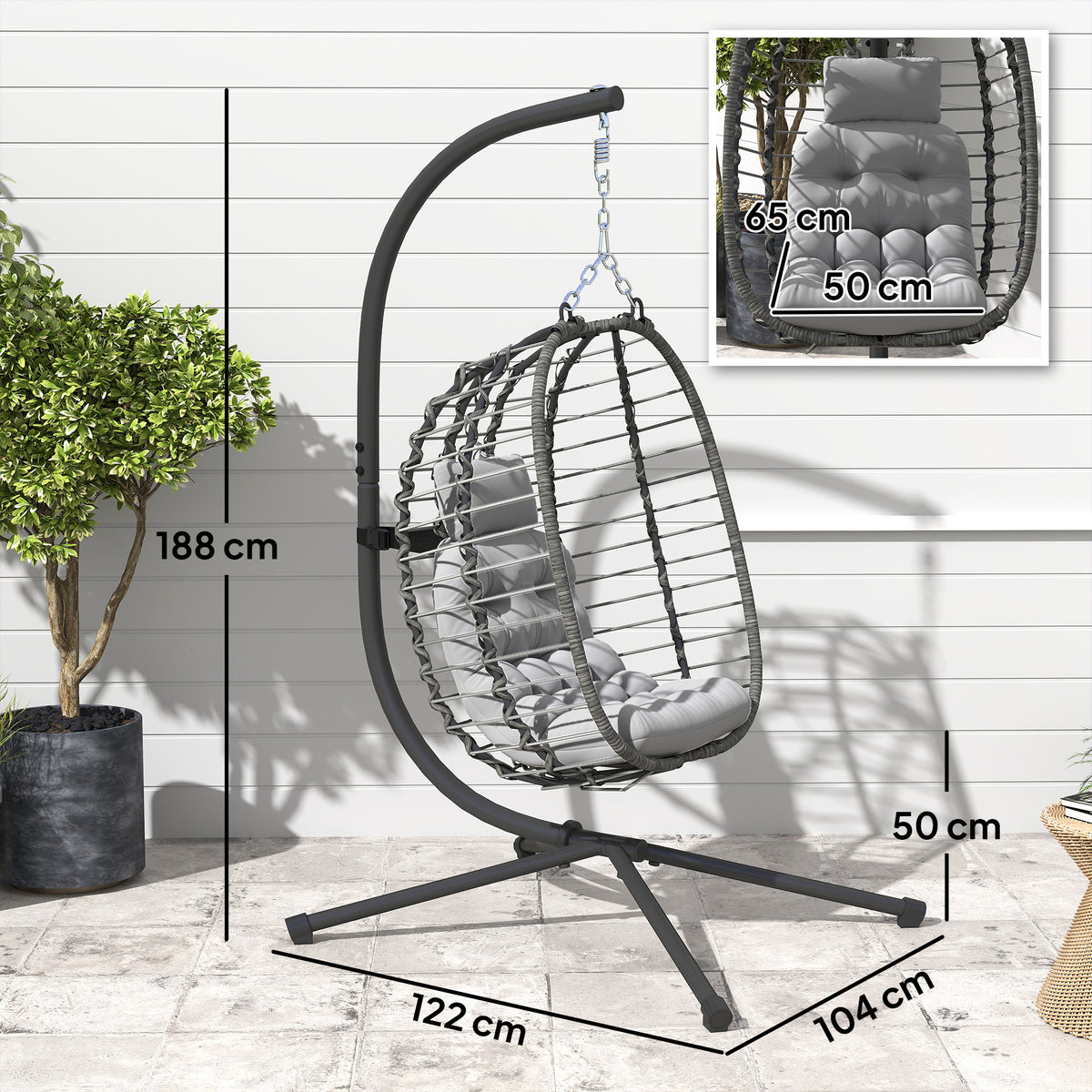 Fauteuil suspendu pliable en résine tressée avec support, coussin et oreiller hauteur réglable, gris-2