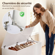 Coffre de rangement, banc de rangement avec couvercle rabattable et charnières de sécurité, banc chaussures, meuble d'entrée, couloir, chambre, salon, 100 x 40 x 40 cm, blanc-4