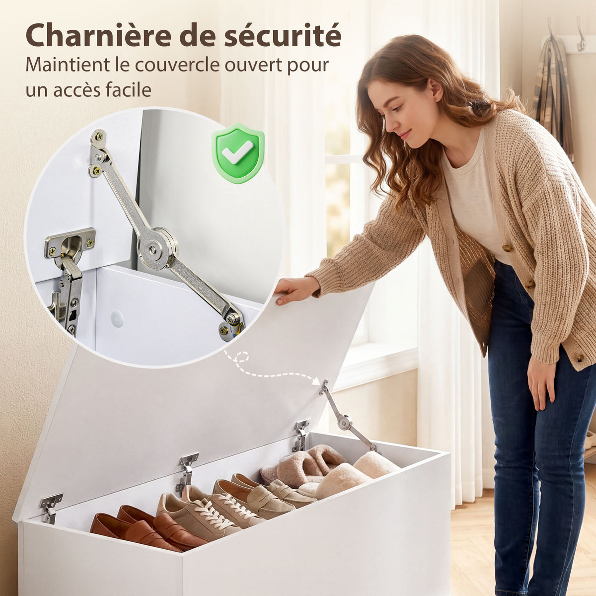 Coffre de rangement, banc de rangement avec couvercle rabattable et charnières de sécurité, banc chaussures, meuble d'entrée, couloir, chambre, salon, 100 x 40 x 40 cm, blanc-4